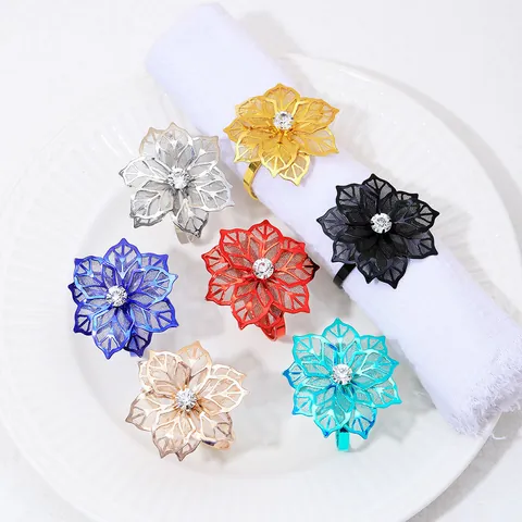 Hollow Flower Alloy Napkin Rings With Rhinestone Center Elegant Metal Napkin Holder For Wedding Banquet Hotel Table Decor