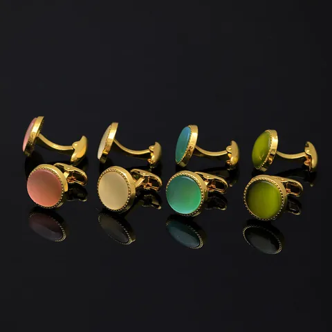 Luxe Vergulde Ronde Legering Zirkonia Manchetknopen Met Kattenoog Steen Zakelijk Pak Accessoires Voor Mannen Sieraden