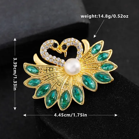 Luxury Double Swan Heart Brooch Gold Alloy Green Rhinestone Crystal Faux Artificial Pearl Pins Vintage Jewelry Gift For Women
