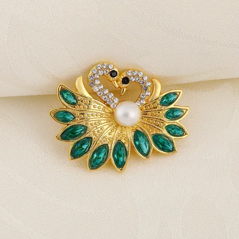 Luxury Double Swan Heart Brooch Gold Alloy Green Rhinestone Crystal Faux Artificial Pearl Pins Vintage Jewelry Gift For Women