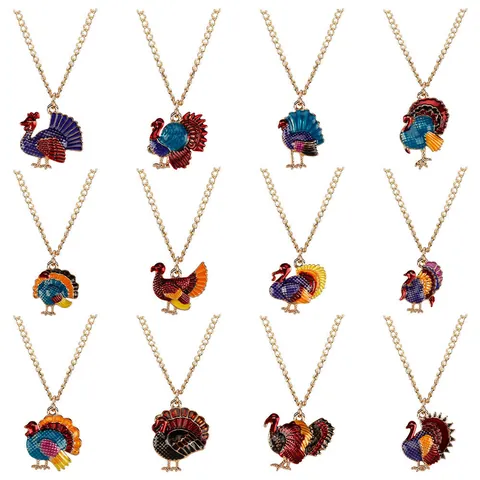 Thanksgiving Turkey Pendant Necklace Alloy Enamel Gold Plated Animal Bird Jewelry For Festive Party Decoration Women Men Gift