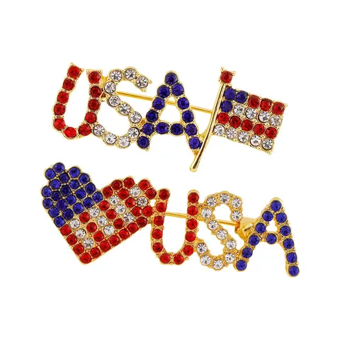 USA Flag Letter Brooch Alloy Rhinestone Pin Heart American Flag Badge For Independence Day Patriotic Gift Jewelry