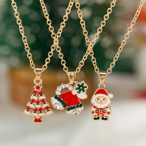 Christmas Pendant Necklace Gold Alloy Enamel Rhinestone Santa Tree Snowman Stocking Holiday Jewelry Gift For Women Girls
