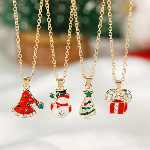 Christmas Pendant Necklace Gold Alloy Enamel Rhinestone Santa Tree Snowman Stocking Holiday Jewelry Gift For Women Girls