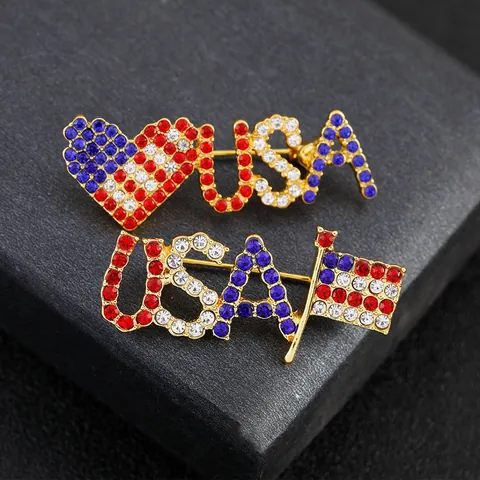 USA Flag Letter Brooch Alloy Rhinestone Pin Heart American Flag Badge For Independence Day Patriotic Gift Jewelry