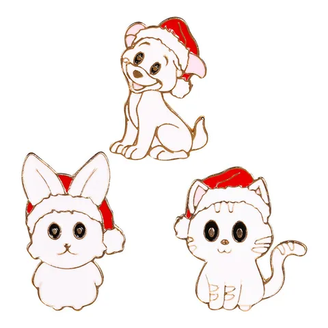 Broches de Animales de Navidad de Aleación y Esmalte Alfileres de Perro Conejo Gato Con Gorro de Navidad Para Ropa Bolsos Decoración de Vacaciones Regalo Unisex