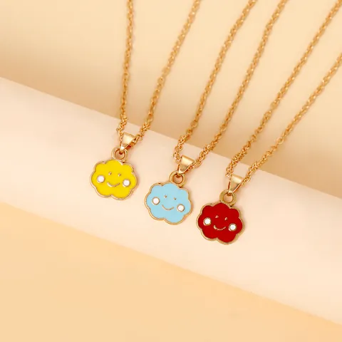 Cute Cartoon Cloud Smiley Face Pendant Necklace Alloy Enamel Drip Oil Gold Color Chain For Women Kids Daily Fashion Jewelry