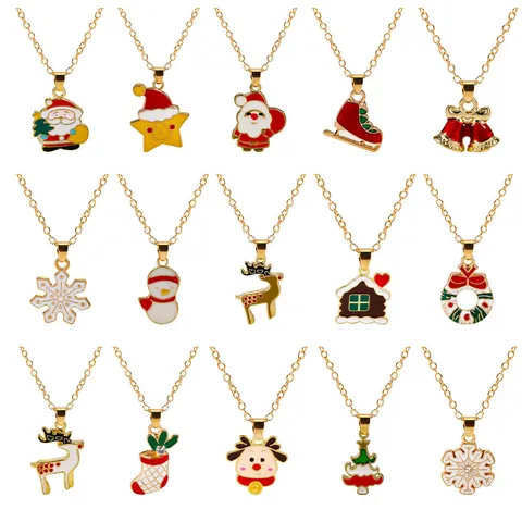 Christmas Pendant Necklace Alloy Enamel Santa Claus Tree Bell Snowflake Elk Jewelry Holiday Party Gift For Women Men