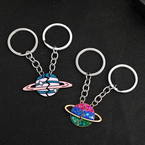 Matching Planet Saturn Keychain For Couples Friends Alloy Enamel Glitter Star Split Heart Puzzle Key Ring Bag Pendant Gift