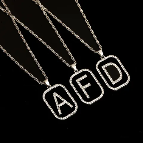 Collar con Colgante de Letra Hip Hop Rectangular Esmalte Negro Aleación Diamantes de Imitación Cadena de Cuerda Larga Joyería para Unisex