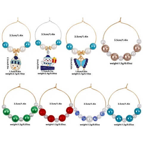 Christmas Wine Glass Charms Set Enamel Snowman Santa Claus Wine Glass Identifiers With Faux Artificial Pearls Beads For Holiday Party Home Bar Table Decoration