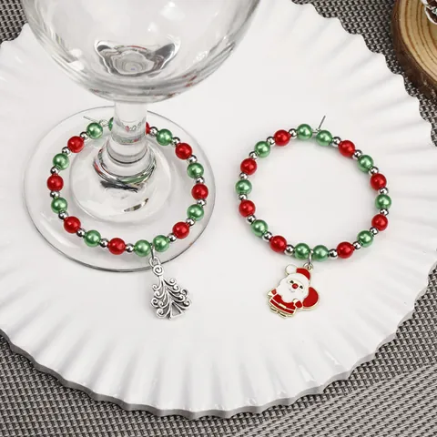 Christmas Wine Glass Charms Beaded Drink Markers With Santa Snowman Snowflake Tree Pendants For Holiday Party Table Decoration
