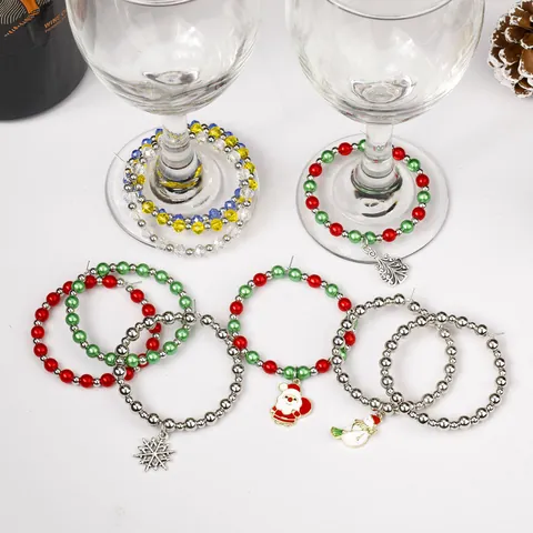 Christmas Wine Glass Charms Beaded Drink Markers With Santa Snowman Snowflake Tree Pendants For Holiday Party Table Decoration