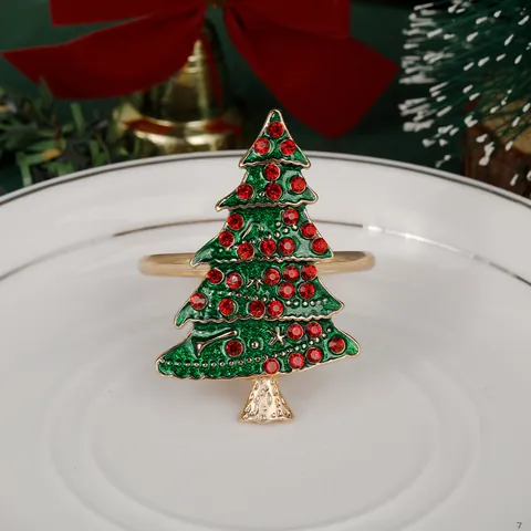 Christmas Tree Napkin Ring Gold Alloy Green Enamel Red Rhinestone Holder For Hotel Holiday Banquet Dinner Table Decor