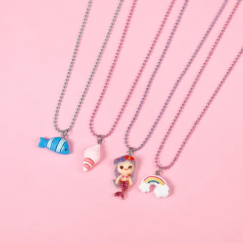 Cartoon Pendant Necklace For Kids Colorful Resin Mermaid Fish Octopus Unicorn Rainbow Cloud Alloy Ball Chain Animal Jewelry Gift
