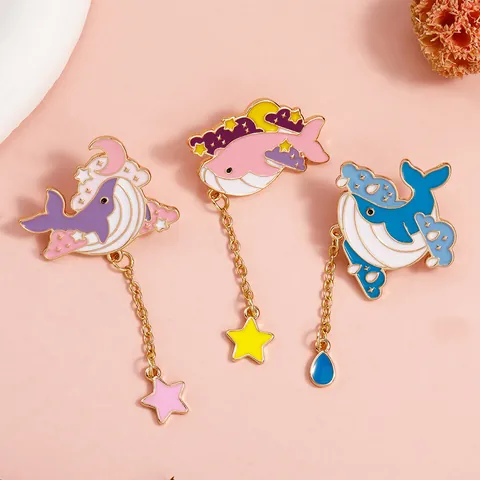 Cute Cartoon Whale Enamel Brooch Pin Set With Star Droplet Pendants Dreamy Sea Animal Lapel Pin For Women Girls Jewelry