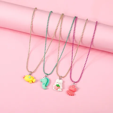 Cartoon Pendant Necklace For Kids Colorful Resin Mermaid Fish Octopus Unicorn Rainbow Cloud Alloy Ball Chain Animal Jewelry Gift