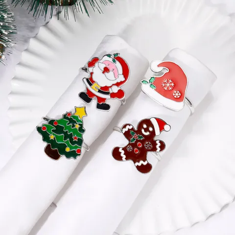 Christmas Napkin Rings Set Alloy Enamel Santa Claus Christmas Tree Snowman Reindeer Gingerbread Man Festive Dinner Table Decorations