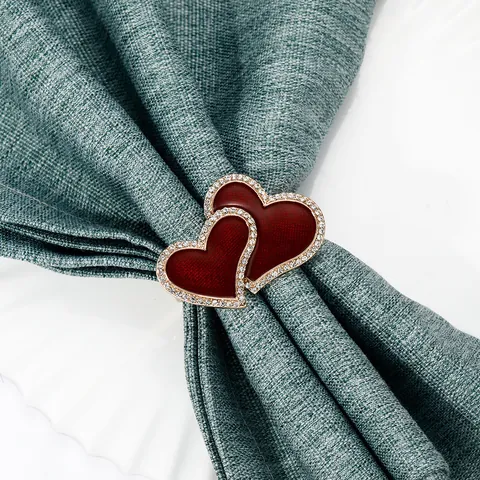 Romantic Alloy Red Enamel Double Heart Napkin Ring With Rhinestones For Valentine Day Wedding Dinner Table Decoration