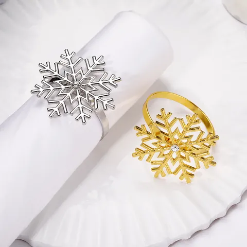 Christmas Snowflake Napkin Rings Metal Rhinestone Table Decor For Wedding Holiday Party Gold Silver Napkin Holders
