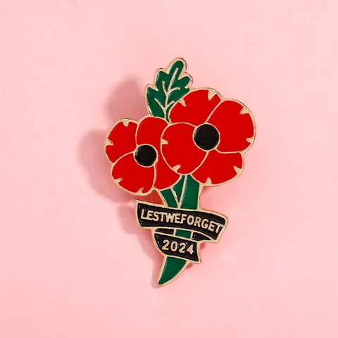Remembrance Poppy Brooch Alloy Enamel Pin With Lest We Forget Lettering Red Flower Leaf Commemorative Jewelry For Veterans