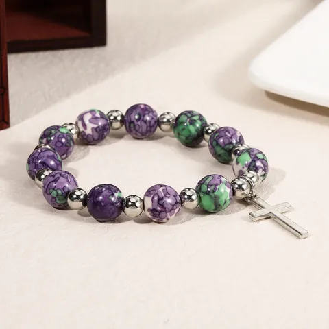 Women Religious Cross Pendant Beaded Bracelet Purple Green Marble Beads Alloy Elastic Bracelet Vintage Ethnic Hand Chain