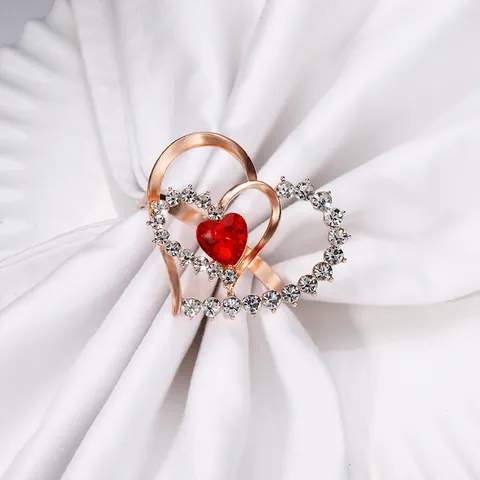 Fashion Alloy Rhinestone Double Heart Napkin Ring Rose Gold Red Gem Napkin Buckle For Valentine's Day Wedding Dining Table Decor