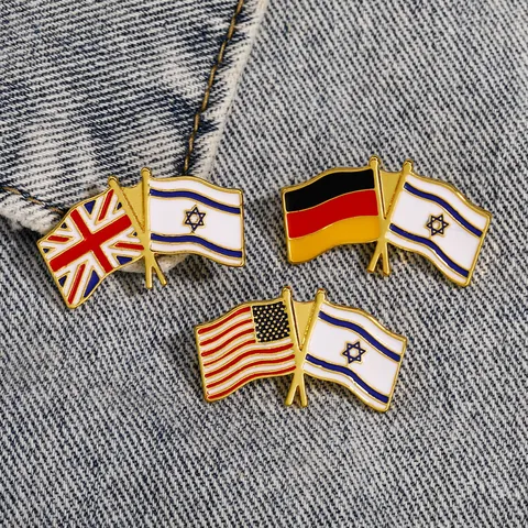 National Flag Brooch Pin Alloy Enamel Gold Plated Crossed Flags US Israel Germany UK International Friendship Lapel Pin Badge Jewelry
