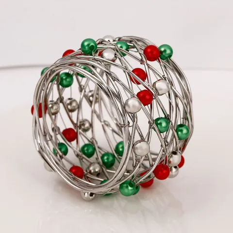 Christmas Bell Napkin Rings Alloy Red Green Silver Beads Hollow Woven Napkin Holder For Holiday Hotel Banquet Dinner Table Decoration