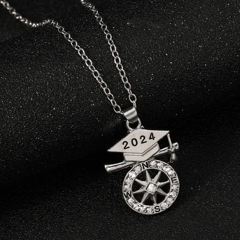 2024 Graduation Necklace Doctoral Cap Compass Pendant Silver Alloy Rhinestone Necklaces Jewelry Gifts For Classmates Teachers