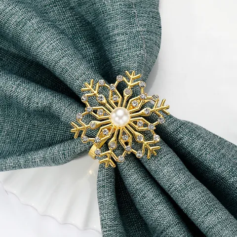 Goud Sneeuwvlok Servetringen Legering Strass Servethouder Met Imitatie Kunstparel Tafeldecoratie Voor Bruiloft Kerstmis Banket Feest