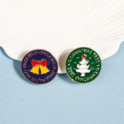 Broche de Esmalte de Árbol de Navidad y Campanas Aleación Purpurina Insignia Redonda Pines Accesorios Joyería Festiva Unisex
