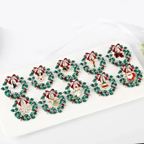 Christmas Wreath Brooch Pin Alloy Enamel Rhinestone Bow Reindeer Snowman Xmas Tree Jewelry For Women Holiday Party Decoration
