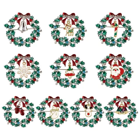 Christmas Wreath Brooch Pin Alloy Enamel Rhinestone Bow Reindeer Snowman Xmas Tree Jewelry For Women Holiday Party Decoration