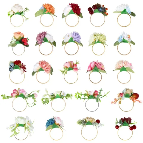 Artificial Flower Napkin Rings Christmas Berries Pine Needle Rose Floral Napkin Holders For Wedding Banquet Table Decoration