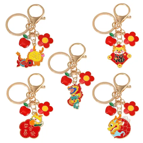Chinese Stijl Zodiak Draak Leeuwendans Metalen Emaille Sleutelhanger Goud Legering Geluk Sleutelhanger Tas Hanger Ornament Cadeau