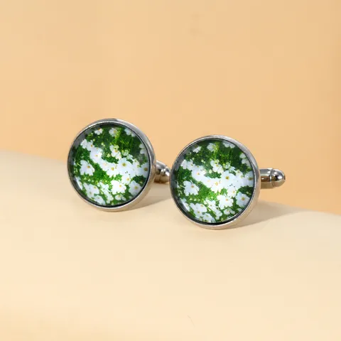 Men's Vintage Round Daisy Flower Cufflinks Silver Alloy Glass Dome Floral Pattern Time Gem Wedding Business Suit Accessory