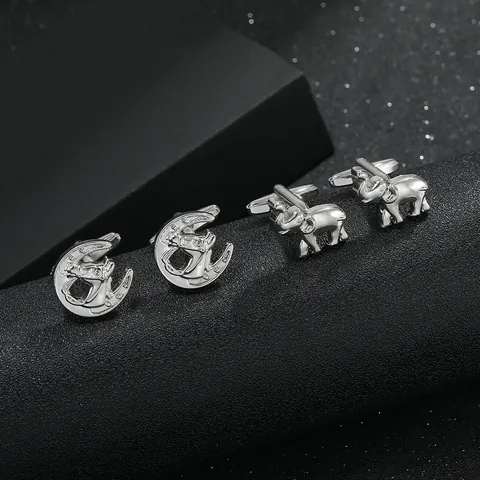 Men Silver Plated Alloy Elephant Horse Moon Cufflinks Fashion Rhinestone Business Formal Shirt Cuff Links Jewelry Gift