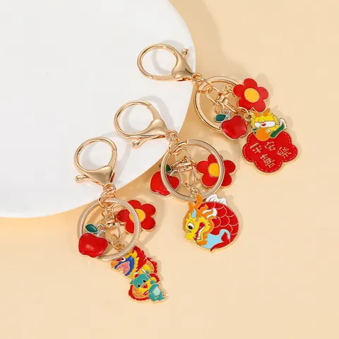 Chinese Stijl Zodiak Draak Leeuwendans Metalen Emaille Sleutelhanger Goud Legering Geluk Sleutelhanger Tas Hanger Ornament Cadeau