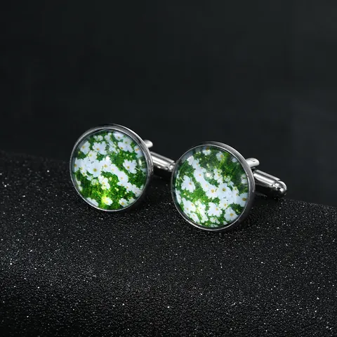 Men's Vintage Round Daisy Flower Cufflinks Silver Alloy Glass Dome Floral Pattern Time Gem Wedding Business Suit Accessory