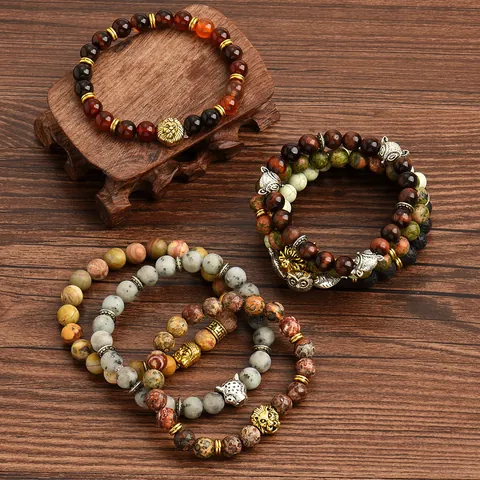 Vintage 8mm Natural Stone Beads Elastic Bracelet For Men Women Alloy Lion Owl Wolf Buddha Charm Ethnic Jewelry