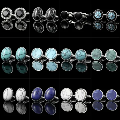 Men Business French Cufflinks For Shirt Alloy Stone Enamel Geometric Round Oval Vintage Pattern Suit Accessories