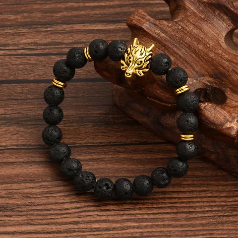 Vintage 8mm Natural Stone Beads Elastic Bracelet For Men Women Alloy Lion Owl Wolf Buddha Charm Ethnic Jewelry