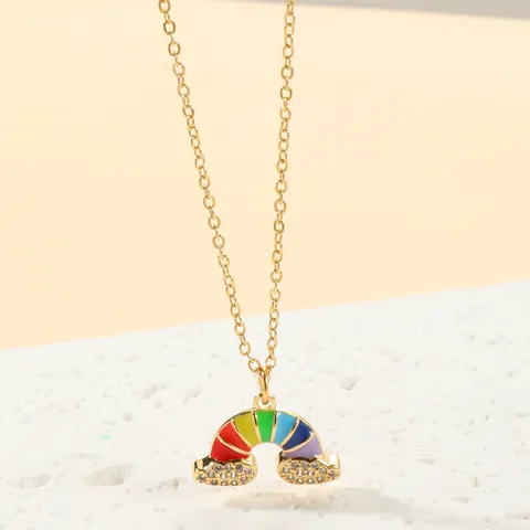 European American Copper Gold Plated Rainbow Enamel Pendant Necklace With White Zirconia For Women Party Jewelry Gift