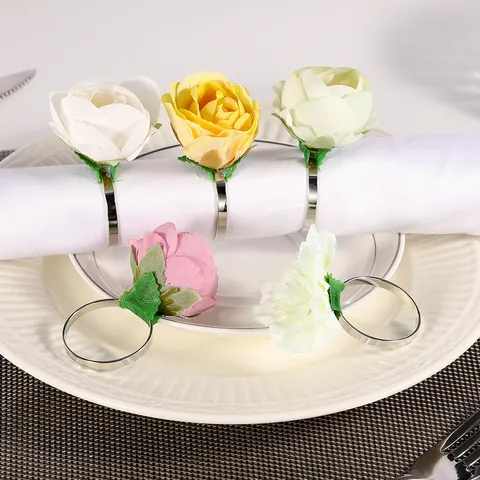 Artificial Rose Flower Napkin Rings Alloy Metal Napkin Holder For Wedding Banquet Hotel Table Decoration Flower Napkin Buckle