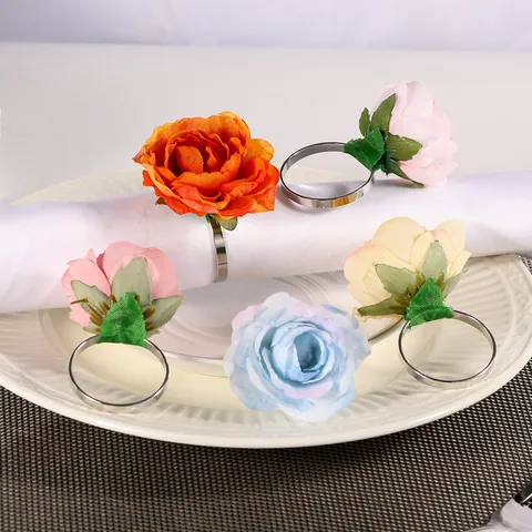 Artificial Rose Flower Napkin Rings Alloy Metal Napkin Holder For Wedding Banquet Hotel Table Decoration Flower Napkin Buckle