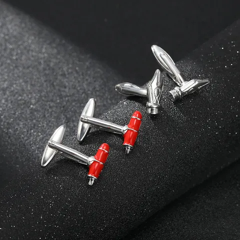 Gemelli da Uomo in Lega a Forma di Pennino Argento Rosso per Camicia Francese Design Creativo di Cancelleria Regalo