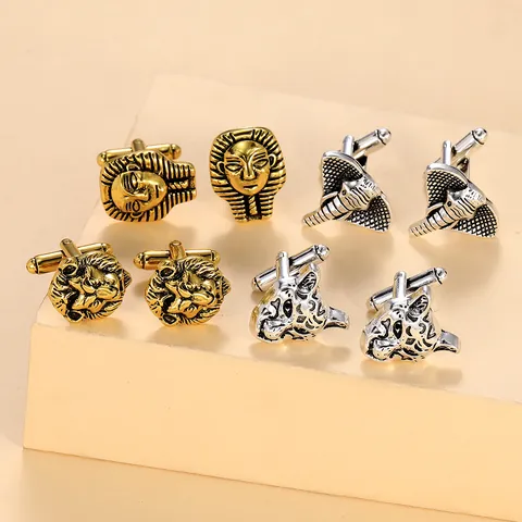 Boutons de Manchette Vintage en Alliage Forme d'Animal Lion Éléphant Pharaon pour Hommes Accessoires de Chemise de Banquet