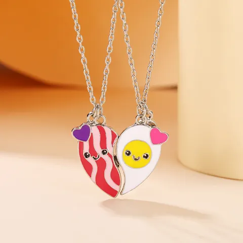 Cartoon Bacon and Egg Heart Magnetic Pendant Necklaces 2 Pieces Set Alloy Enamel Best Friends BFF Jewelry For Kids Teens Friendship Gift