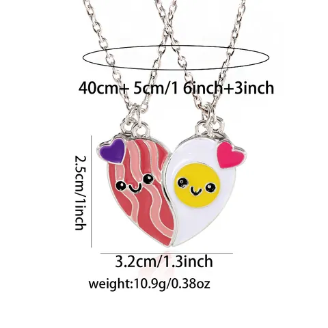Cartoon Bacon and Egg Heart Magnetic Pendant Necklaces 2 Pieces Set Alloy Enamel Best Friends BFF Jewelry For Kids Teens Friendship Gift